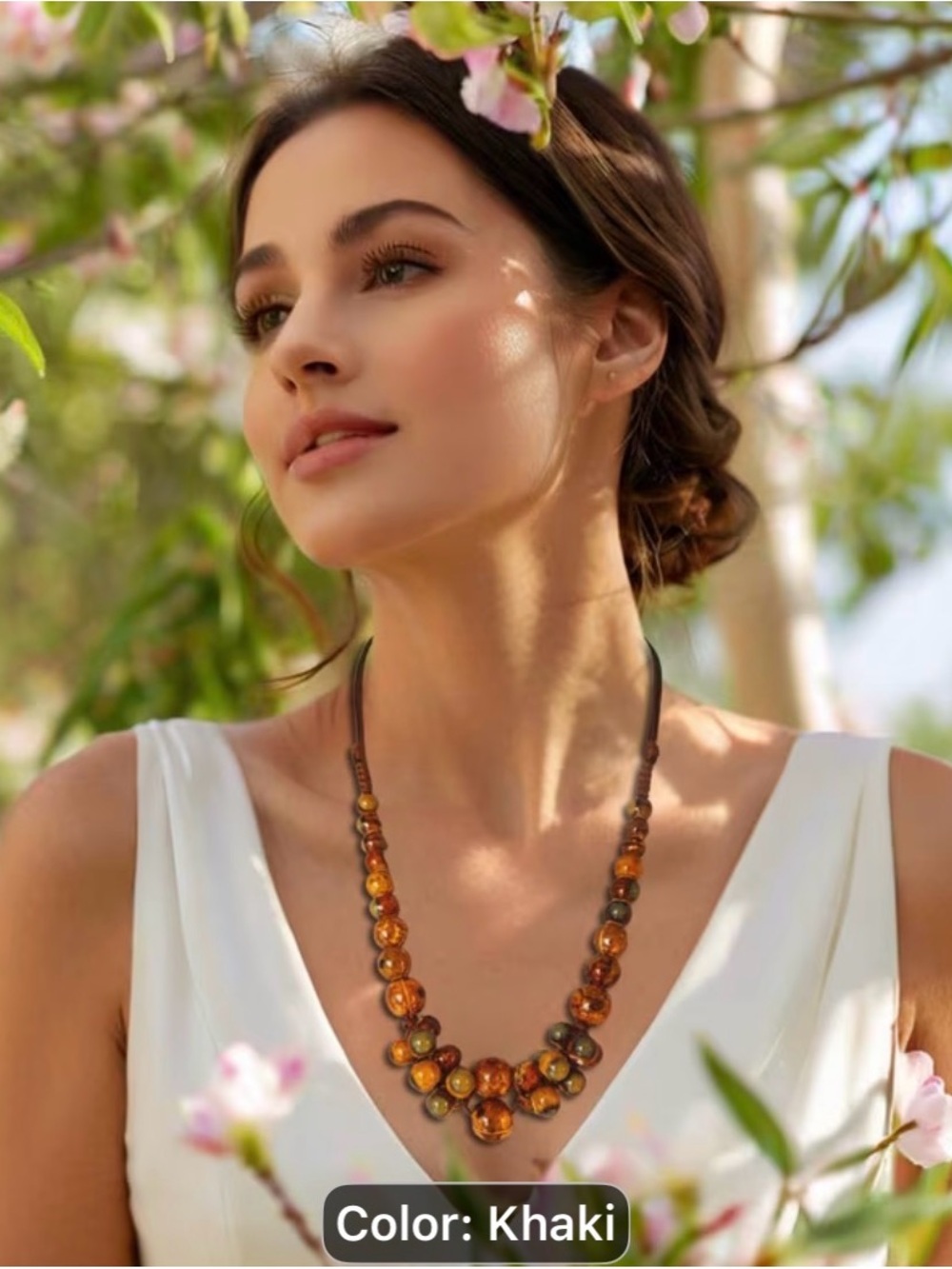 Khaki Beaded Floral-Cluster Necklace-natural earth tone vintage style ceramic